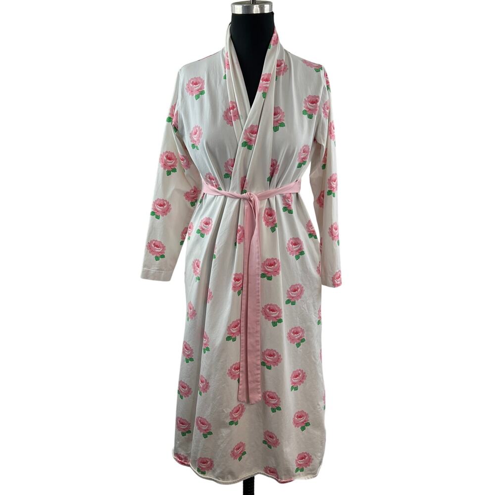 M + A Lounge White Pink Robe Rose Shawl Collar Tie-Waist Long Sleeve Size XS/S